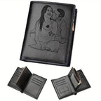 Personalized men's leather wallet by Trendy Attic Store01 with custom photo engraving, featuring multiple card slots and a sleek design.