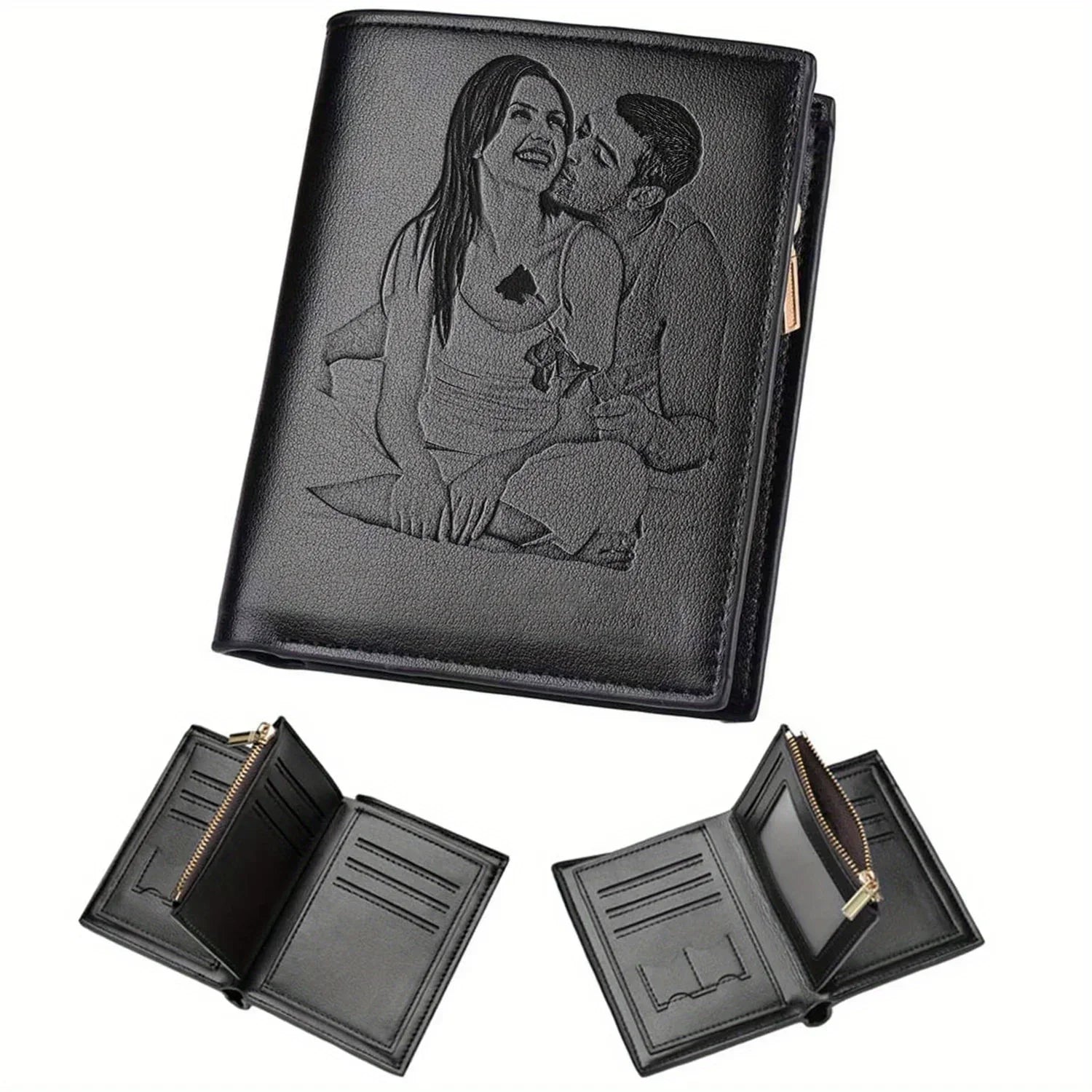 Personalized men's leather wallet by Trendy Attic Store01 with custom photo engraving, featuring multiple card slots and a sleek design.