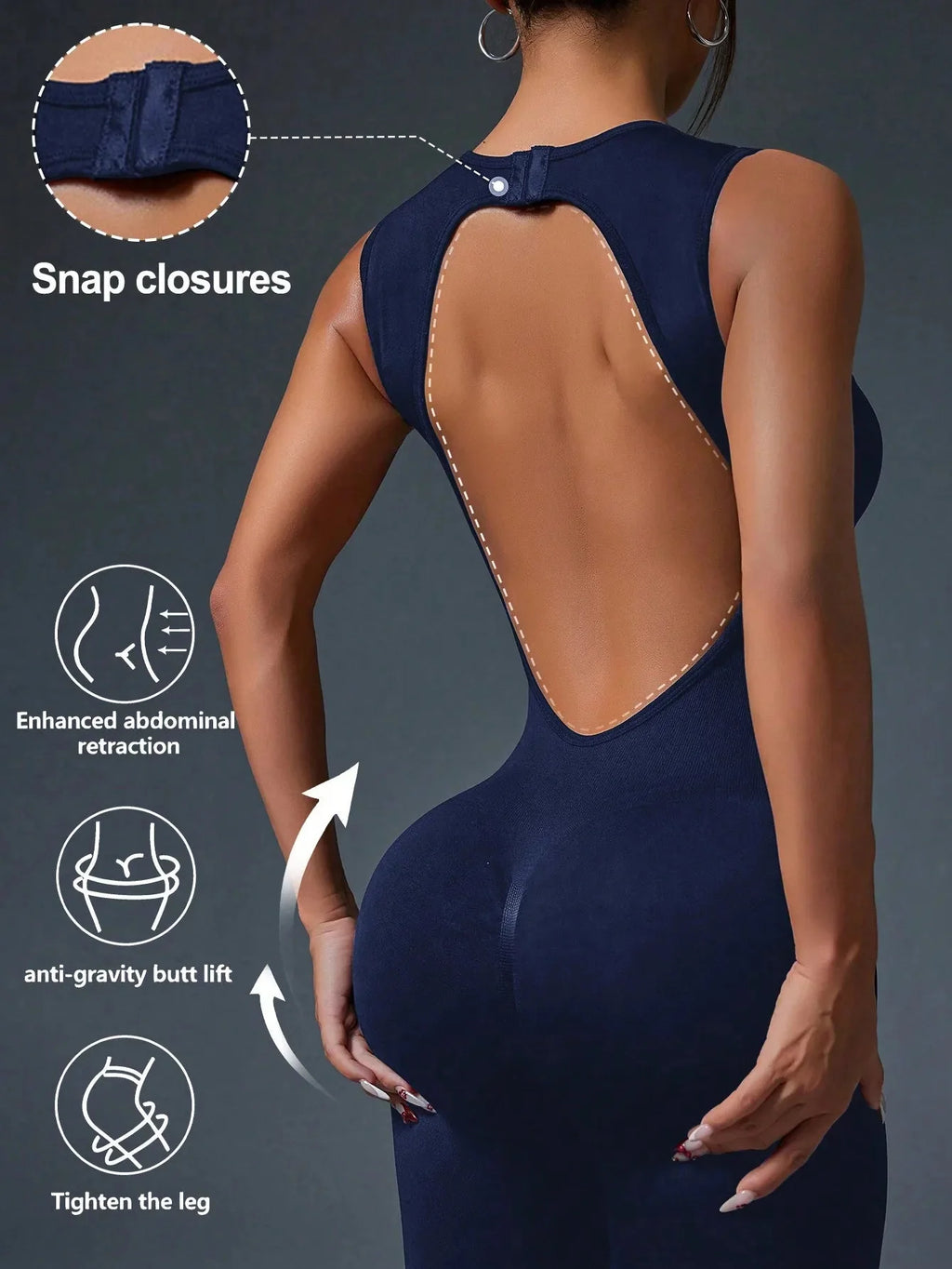 Seamless sleeveless yoga jumpsuit with zipper closure, plush activewear from Plush Fashion Hub, shown on a model in a yoga pose.
