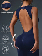 Seamless sleeveless yoga jumpsuit with zipper closure, plush activewear from Plush Fashion Hub, shown on a model in a yoga pose.