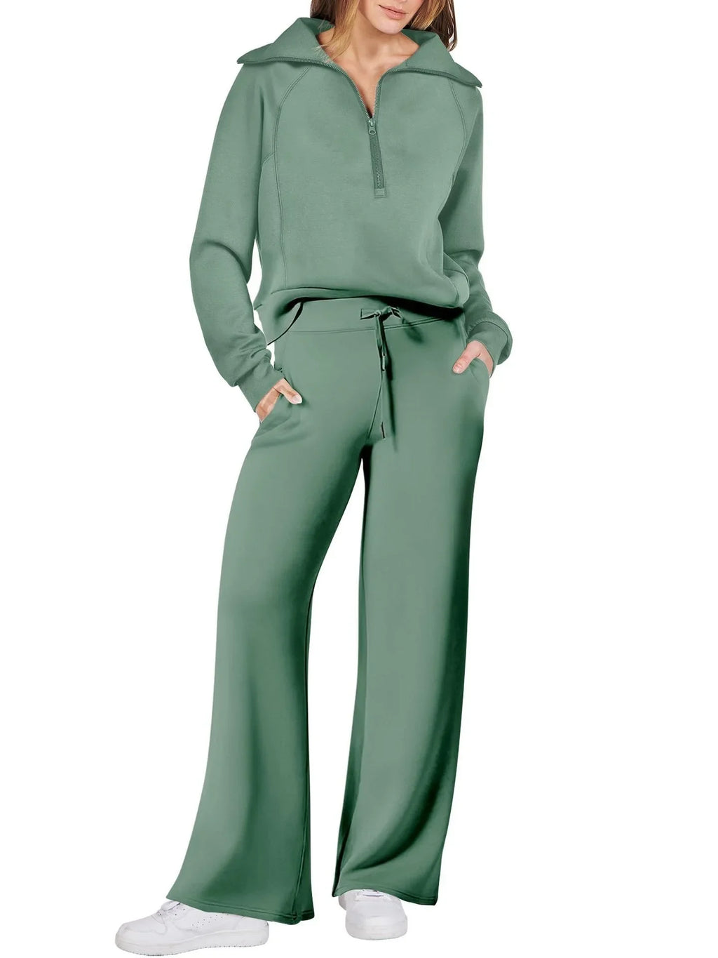 Women two-piece sweatshirt and wide-leg pants set by Plush Fashion Hub, featuring a comfortable, casual style in the image.
