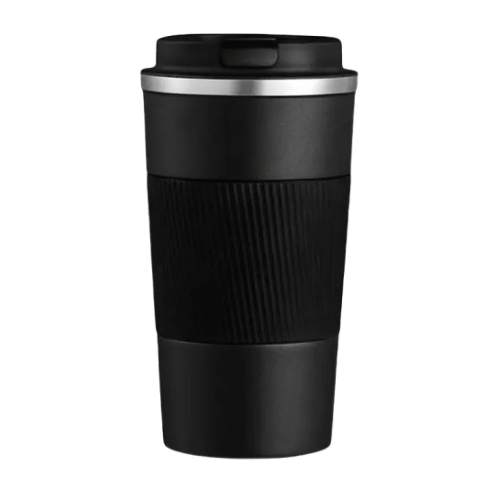 Stainless steel insulated travel mug with leak-proof lid, double-layer design, and portable vacuum bottle for sports and outdoor use.