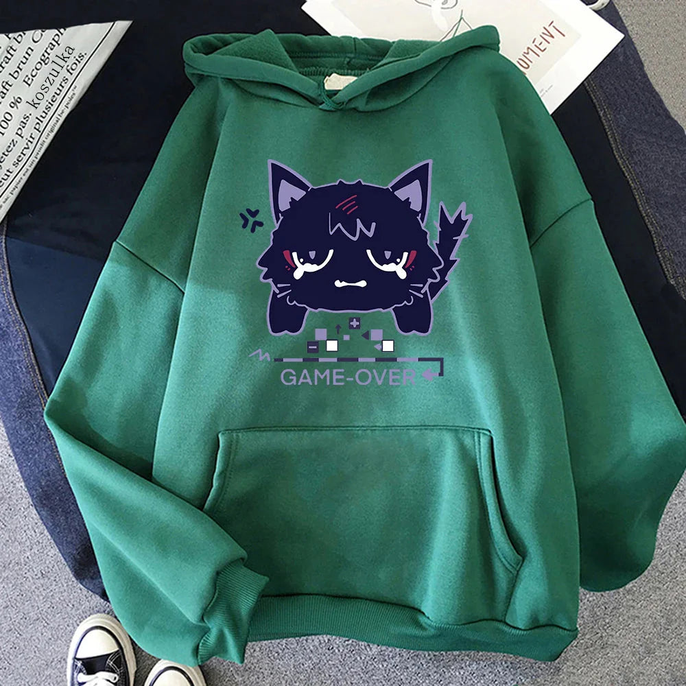 Genshin Impact Scaramouche cat hoodie by FitiqueFit featuring a detailed black hoodie with Scaramouche character design and cat-themed elements.