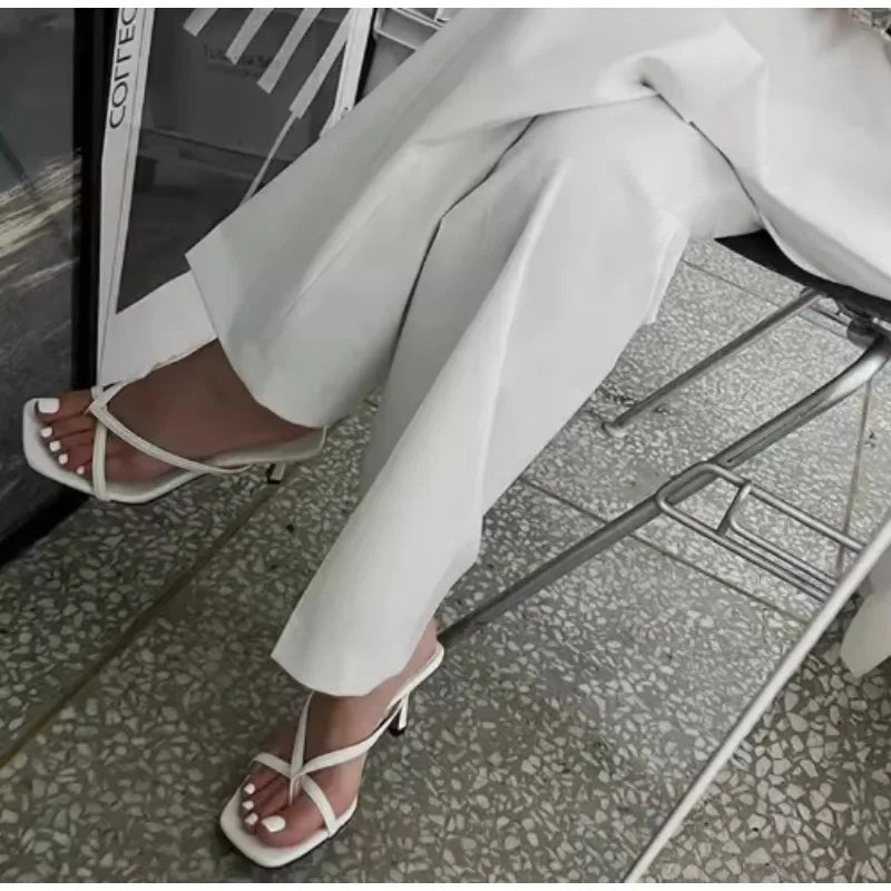 Elegant women's French style slip-on high heel slippers with clip toes, perfect for summer fashion and mature dress footwear.