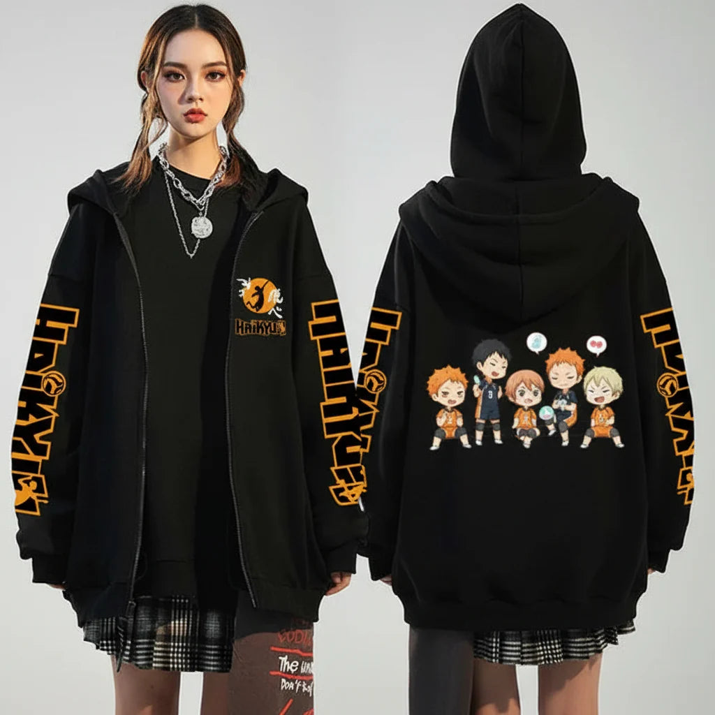 Unisex Haikyuu!! Karasuno High School zip-up hoodie by FitiqueFit featuring anime-inspired streetwear design, shown in black with logo details.