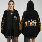 Unisex Haikyuu!! Karasuno High School zip-up hoodie by FitiqueFit featuring anime-inspired streetwear design, shown in black with logo details.