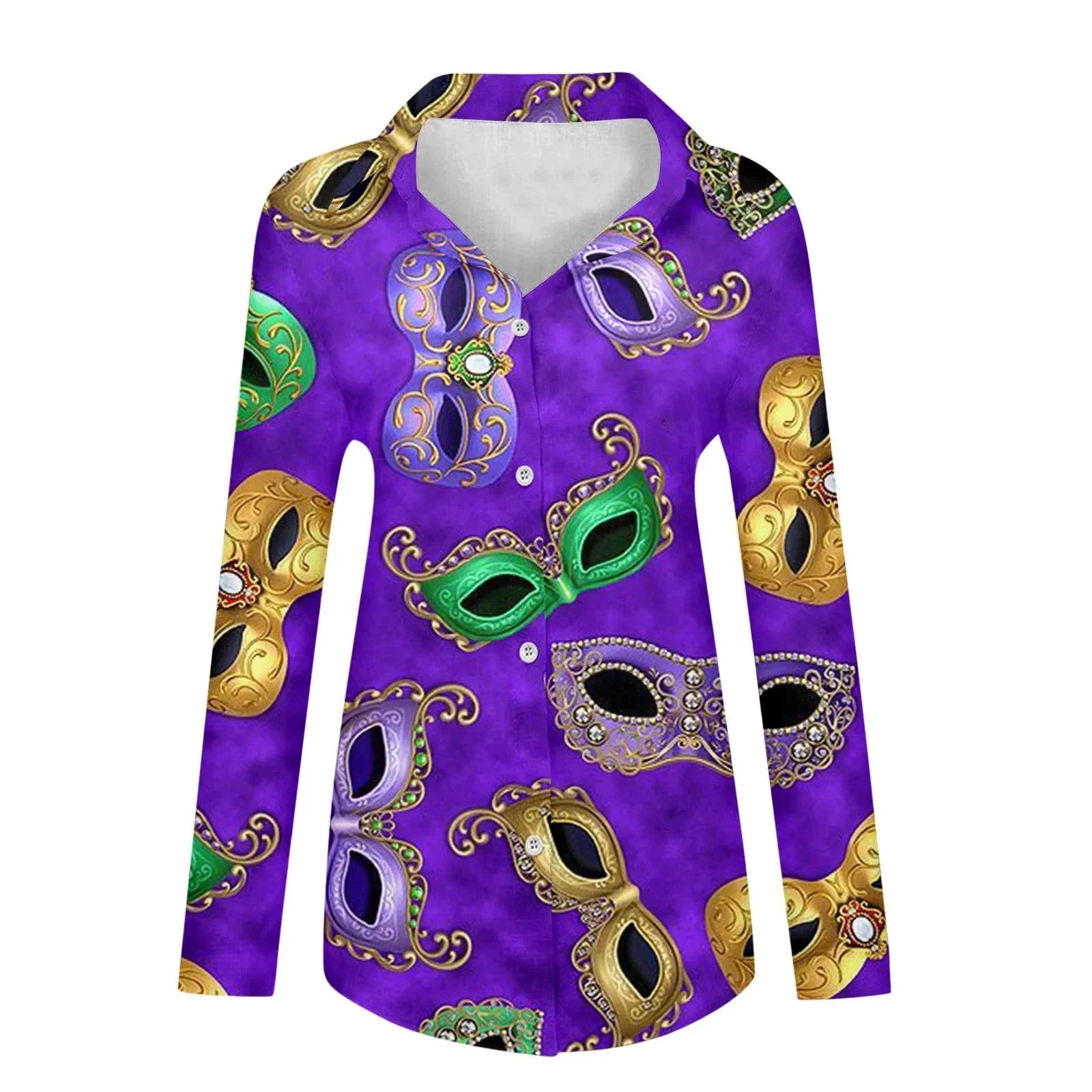 Mardi Gras women's V-neck long sleeve carnival print shirt by FitiqueFit, featuring colorful festive design and casual fit.