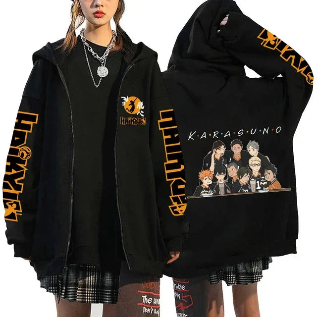 Unisex Haikyuu!! Karasuno High School zip-up hoodie by FitiqueFit, featuring anime-inspired streetwear design.