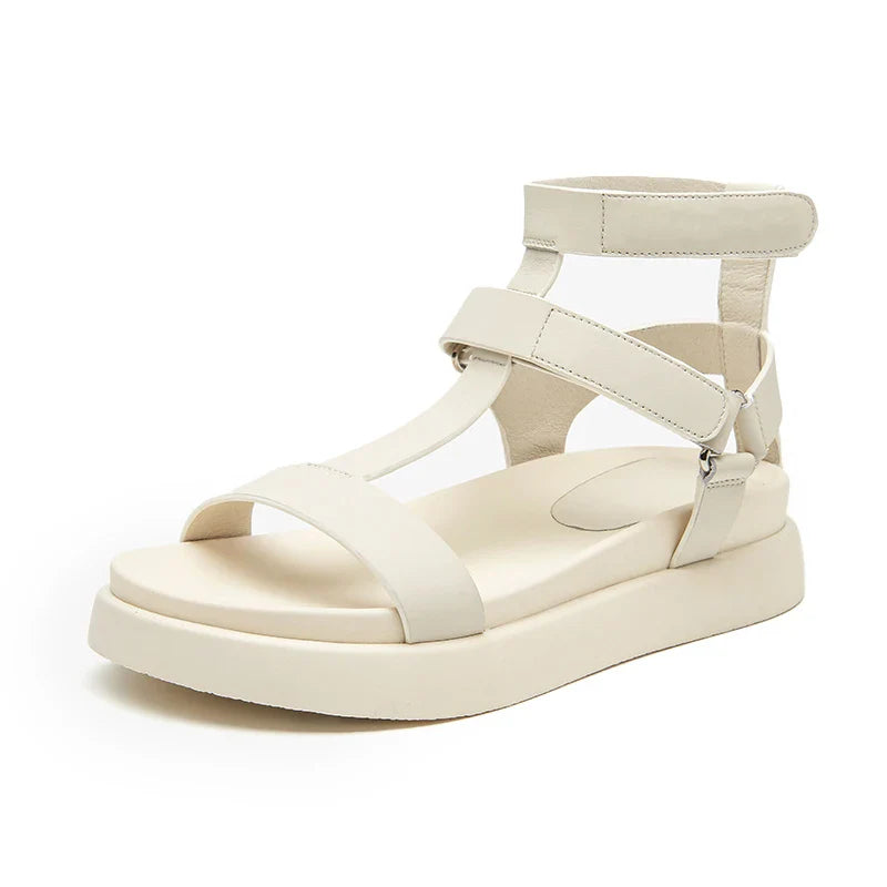 BeauToday women's summer gladiator sandals with calfskin leather, open toe, T-bar strap, hook-and-loop closure, handmade.