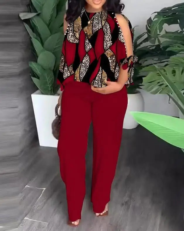 Plus size women's two-piece fashion set with short sleeves, stylish and comfortable outfit from Plush Fashion Hub.