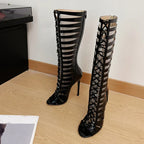 LadyShow hollow out cross strap knee-high boots with peep toes, zipper, and sexy heels, perfect for stylish women's fashion footwear.