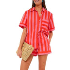 Plush Fashion Hub Lamuusaa 2-piece striped summer casualwear set with a relaxed fit, perfect for retro streetwear style.