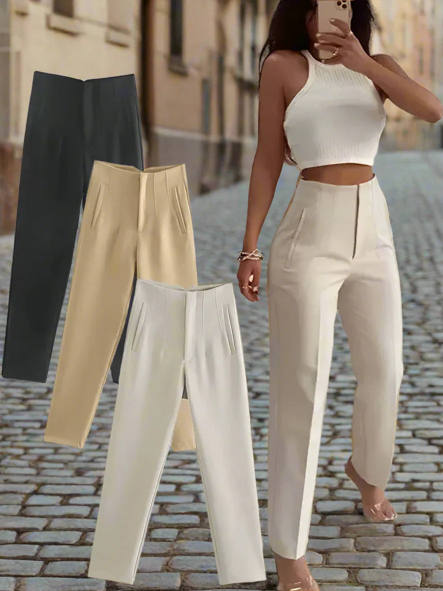 Women’s high waist slim casual trousers by Plush Fashion Hub, showing the fitted design and classic black color.