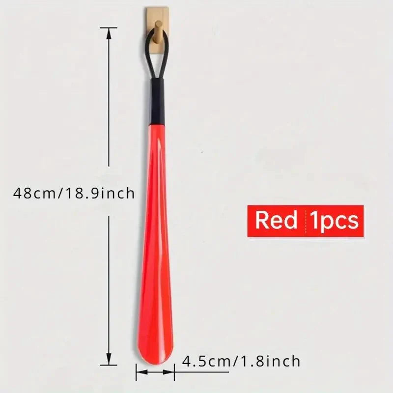 Plastic shoe horn from Plush Fashion Hub, extra long, flexible, durable shoe assist tool for pregnant women and easy shoe wearing.