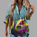 Mardi Gras women's V-neck long sleeve carnival print shirt by FitiqueFit, featuring colorful festive Mardi Gras design.