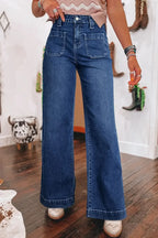 Sail Blue High Waist Wide Leg Jeans With Patch Pockets - Plush Fashion Hub