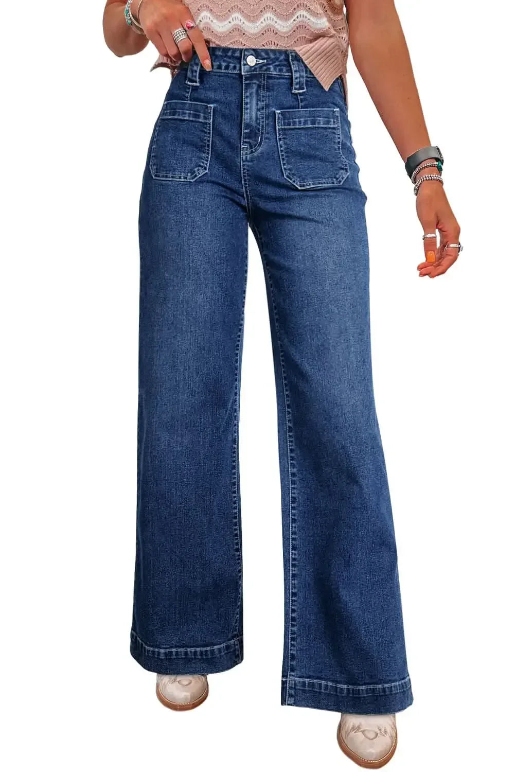 Sail Blue High Waist Wide Leg Jeans With Patch Pockets - Plush Fashion Hub