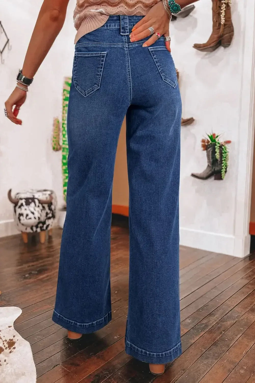 Sail Blue High Waist Wide Leg Jeans With Patch Pockets - Plush Fashion Hub