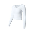 Plush Fashion Hub SculptFit long sleeve yoga crop top in casualwear style, shown on a model with a comfortable fit and soft fabric.