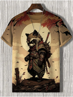 Samurai Cat graphic T-shirt by FitiqueFit featuring Japanese style 3D print on men's streetwear tee