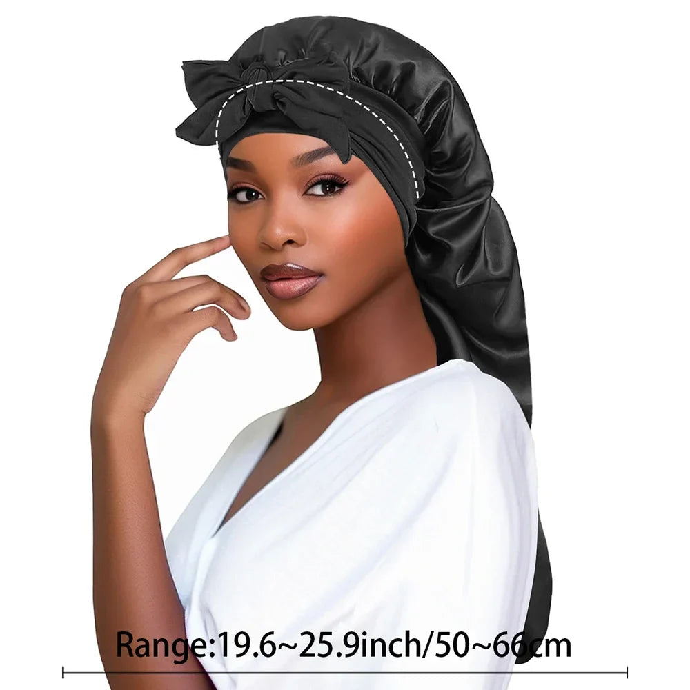 Plush Fashion Hub satin long tail braid hair sleeping bonnet and shower cap for women, soft and comfortable hair protection.