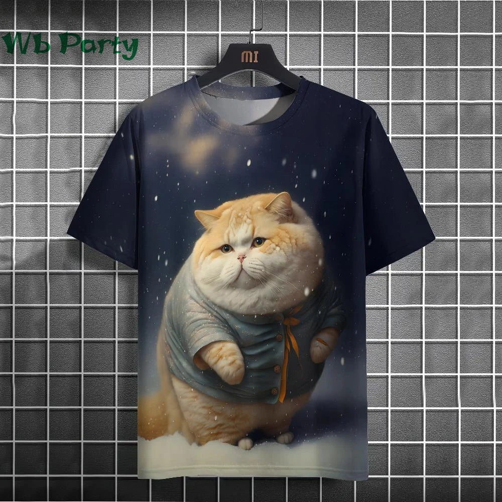Colorful cat print Y2K graphic T-shirt from Plush Fashion Hub featuring vibrant streetwear style and playful feline design.