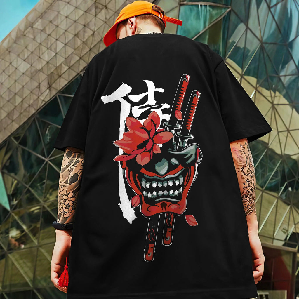 Oversized streetwear T-shirt by FitiqueFit featuring a bold 3D samurai knife print on front, casual and stylish.
