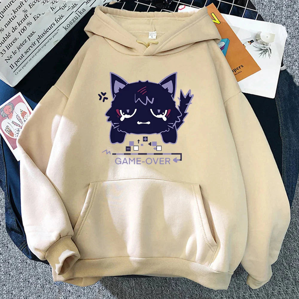 Genshin Impact Scaramouche cat hoodie by FitiqueFit featuring a colorful graphic of Scaramouche with cat ears and streetwear style.