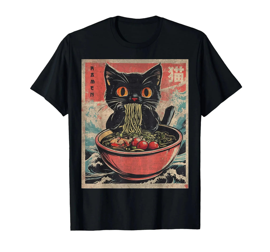 Kawaii Cat Ramen T-Shirt by FitiqueFit featuring Japanese anime-inspired graphic design on streetwear style tee