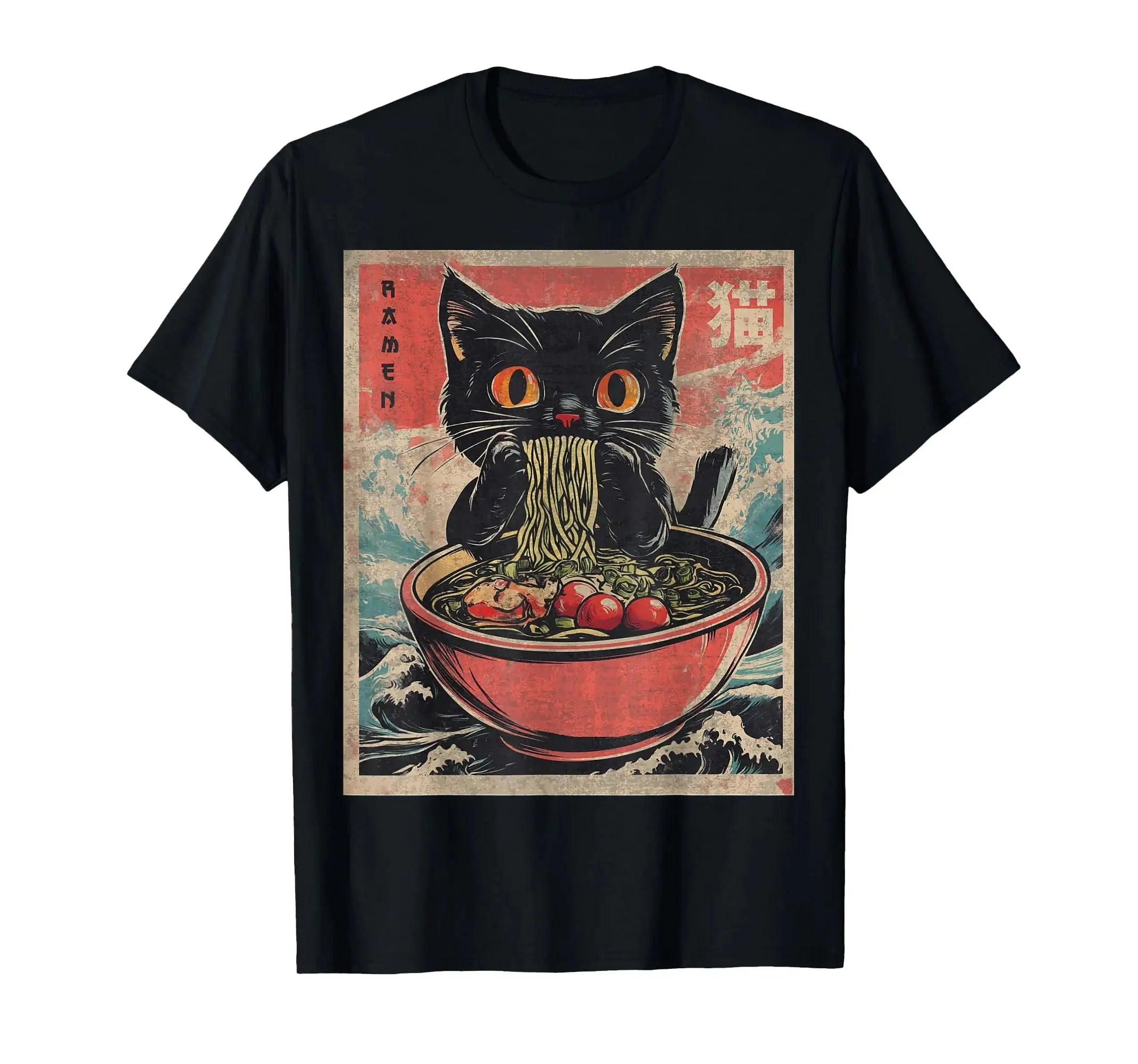 Kawaii Cat Ramen T-Shirt by FitiqueFit featuring Japanese anime-inspired graphic design on streetwear style tee