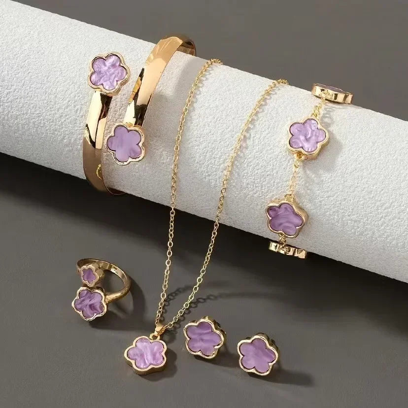 Plum Blossom Plant five-leaf necklace and earring jewelry set, featuring floral design from Plush Fashion Hub.