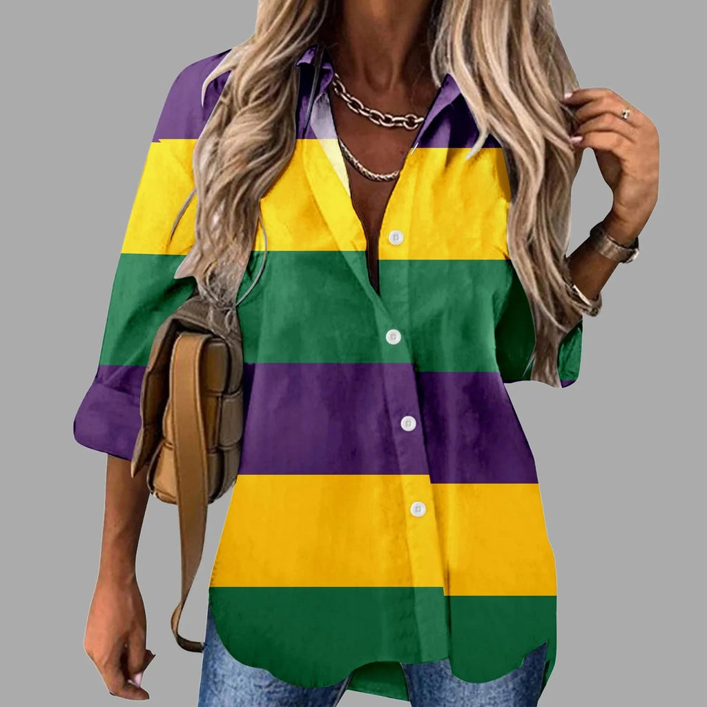 Mardi Gras women's V-neck long sleeve carnival print shirt by FitiqueFit, featuring colorful festive designs and casual fit.