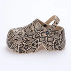 Leopard print thick bottom clogs for women featuring closed toe, chunky platform heel, super high wedge, summer 2023 style.