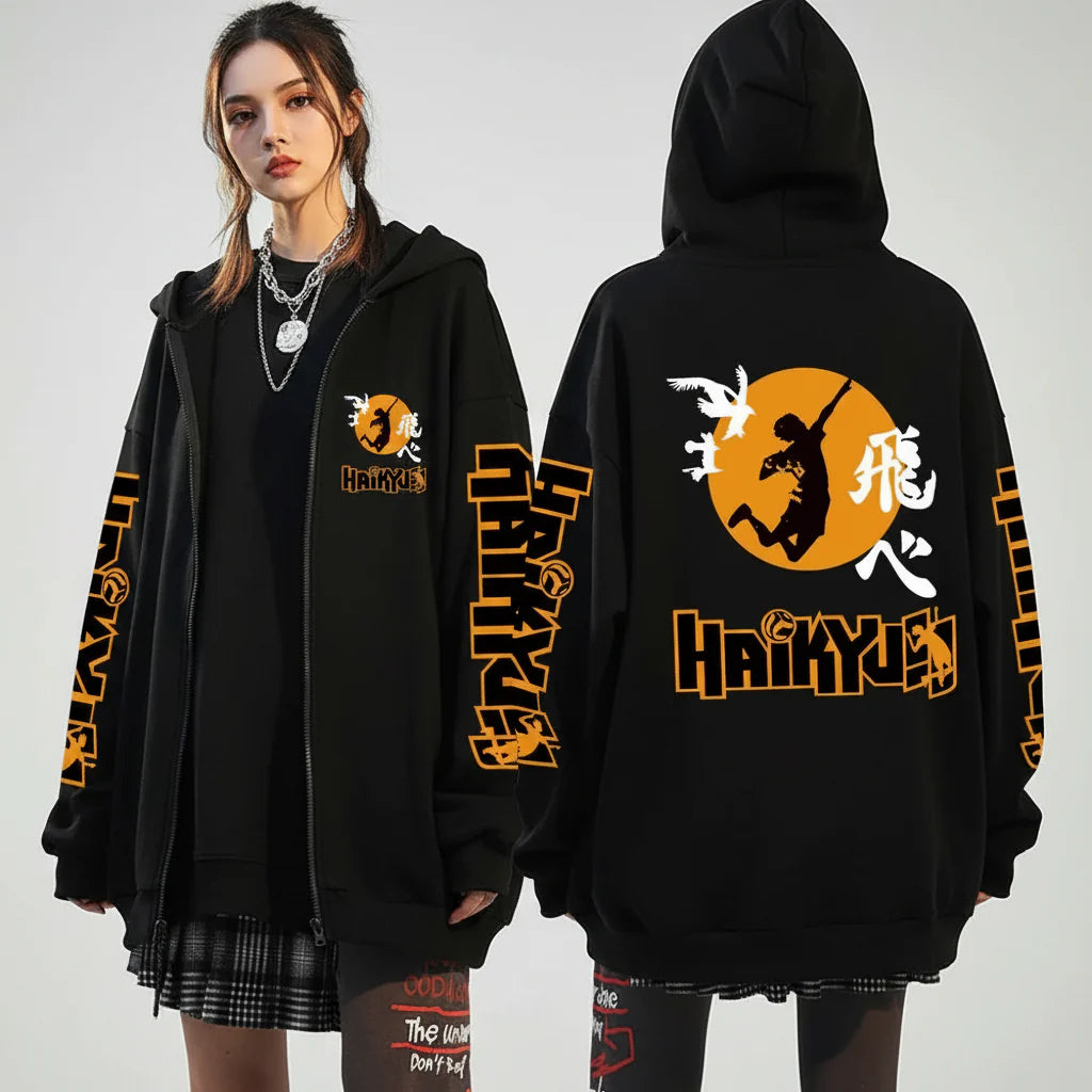 Unisex Haikyuu!! Karasuno High School zip-up hoodie by FitiqueFit, featuring anime streetwear style and Karasuno logo design.