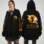 Unisex Haikyuu!! Karasuno High School zip-up hoodie by FitiqueFit, featuring anime streetwear style and Karasuno logo design.