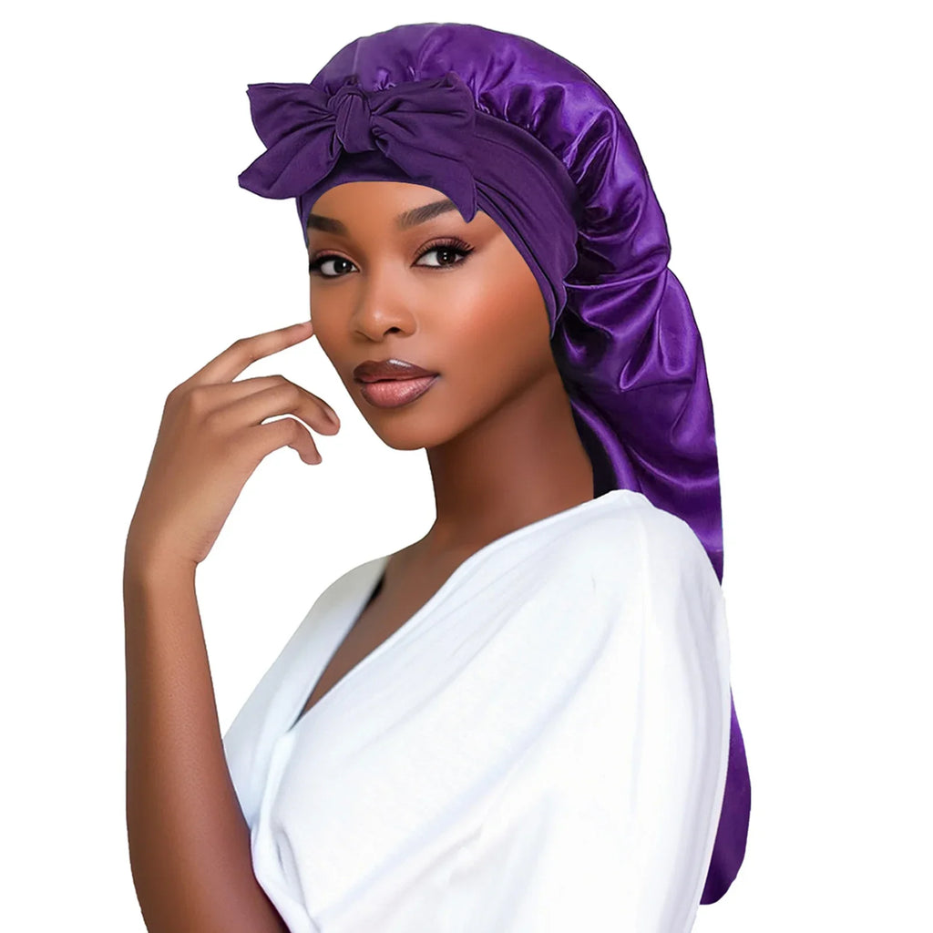 Plush Fashion Hub satin sleep bonnet with long tail braid cover, ideal for women’s sleep, shower, sauna, and bathing hair protection.