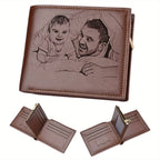 Personalized men's leather wallet with custom photo slot, Trendy Attic Store01 gift for him, showing front view of wallet with photo insert.