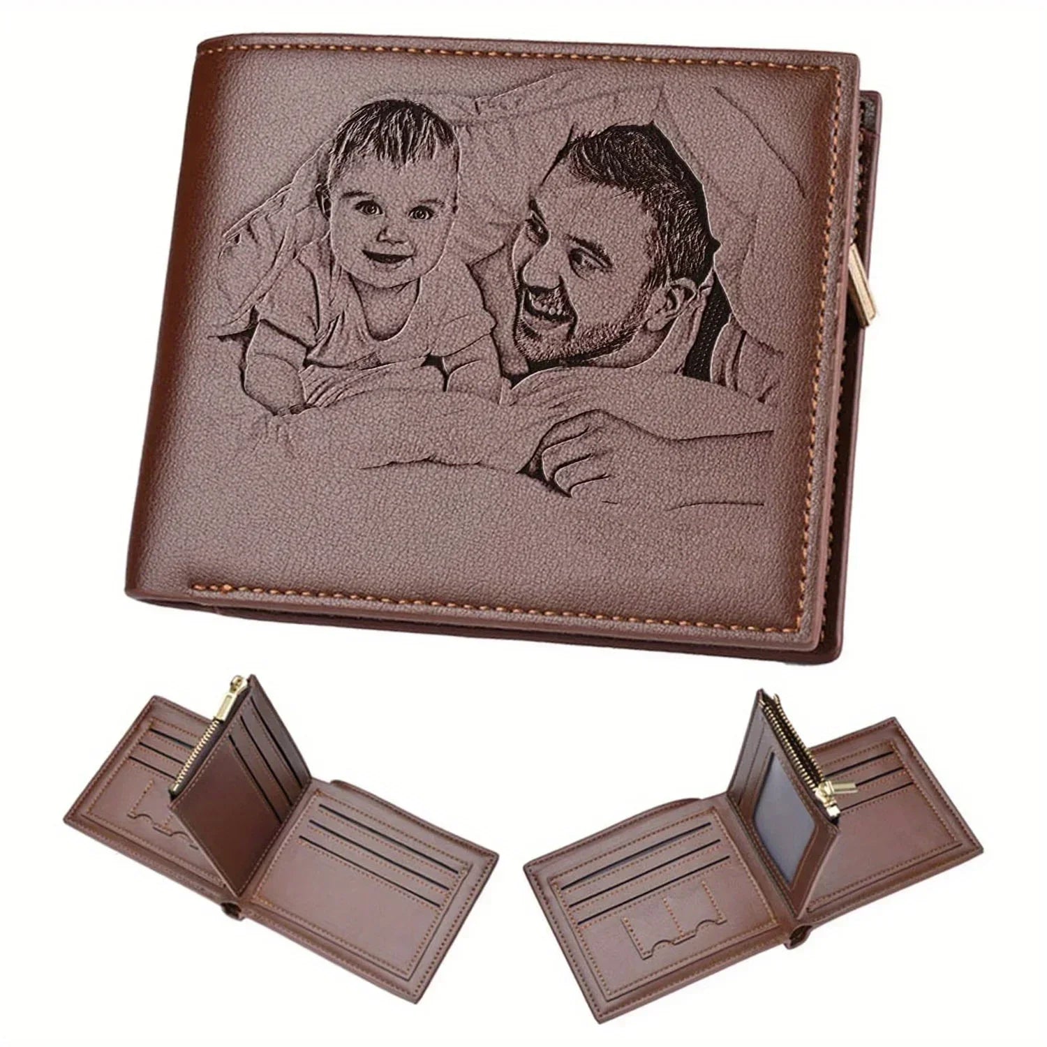 Personalized men's leather wallet with custom photo slot, Trendy Attic Store01 gift for him, showing front view of wallet with photo insert.