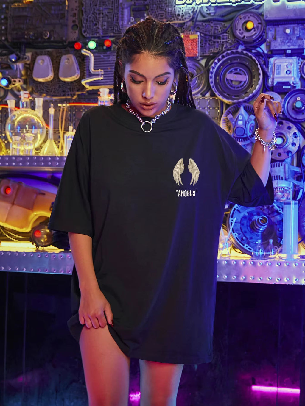 White cotton streetwear tee featuring angel wings printing by FitiqueFit, casual female fashion top with angel wing graphic.