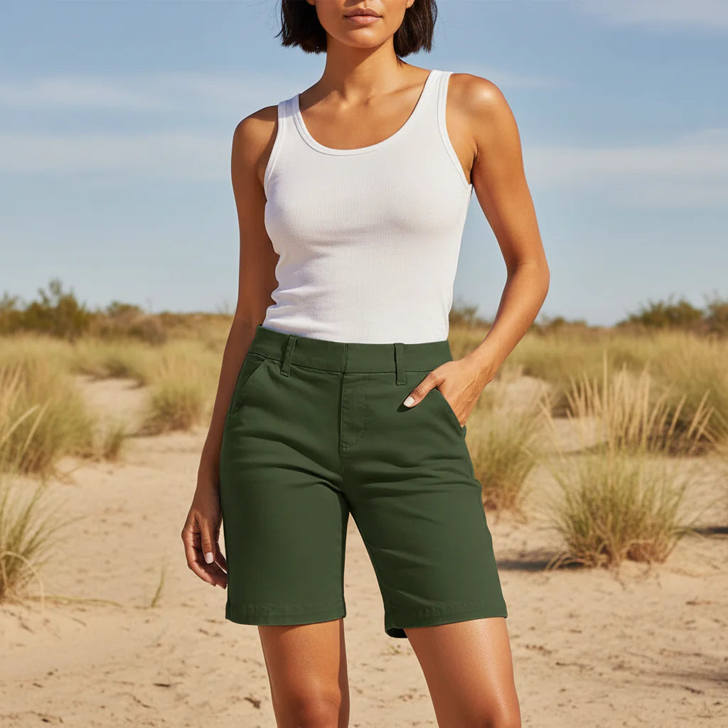 Women's summer stretch hiking shorts by FitiqueFit, casualwear with a comfortable fit, shown in a stylish outdoor setting.
