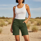 Women's summer stretch hiking shorts by FitiqueFit, casualwear with a comfortable fit, shown in a stylish outdoor setting.