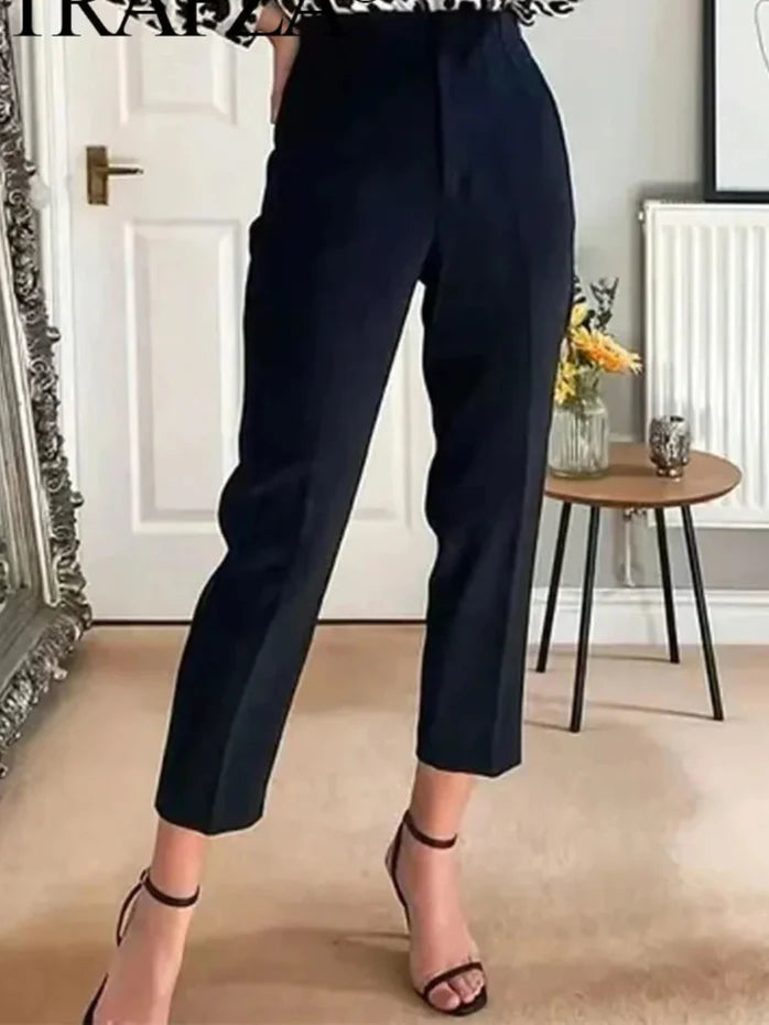 Women’s high waist slim casual trousers by Plush Fashion Hub, shown in a neutral color with a close-up of the fit and fabric detail.