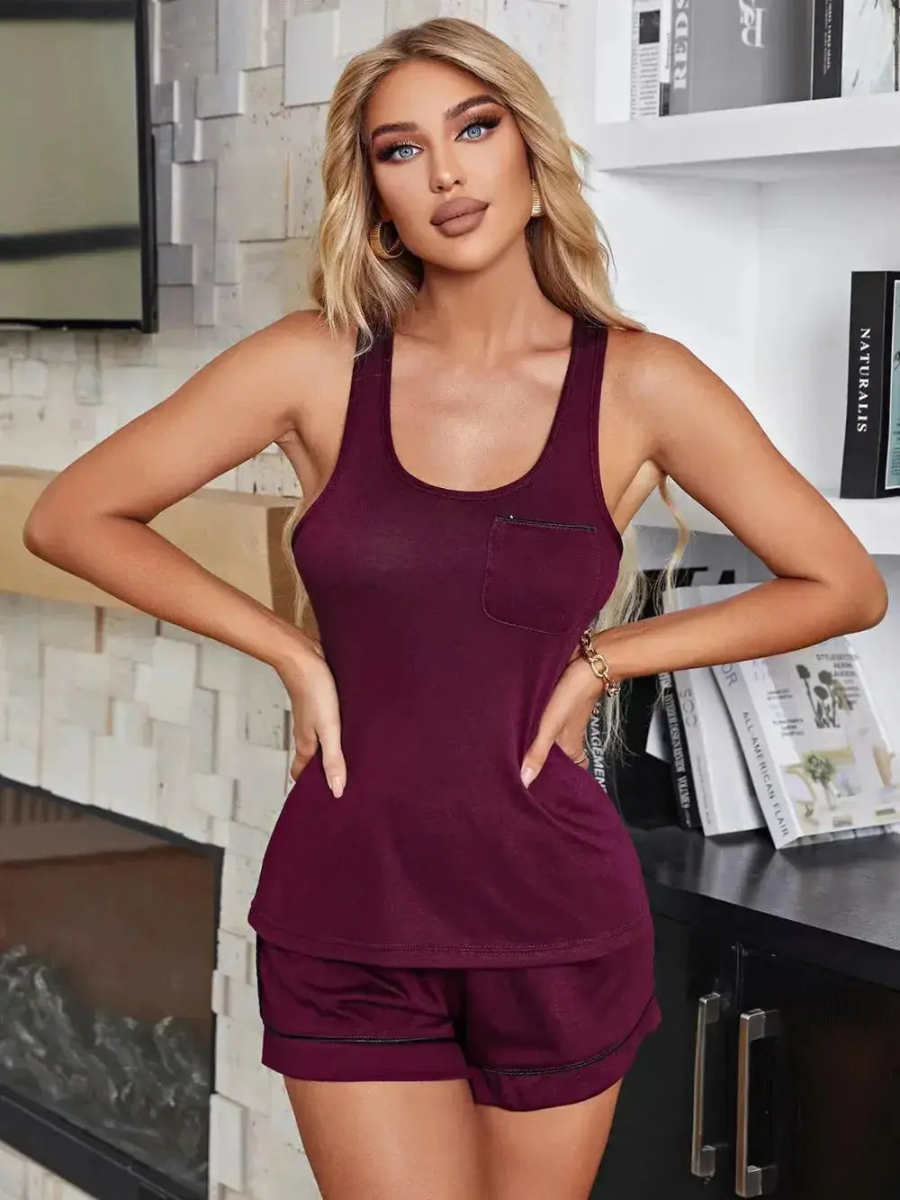 Soft scoop neck tank and shorts lounge set by Trendsi, comfortable two-piece pajama sleepwear for cozy nights.