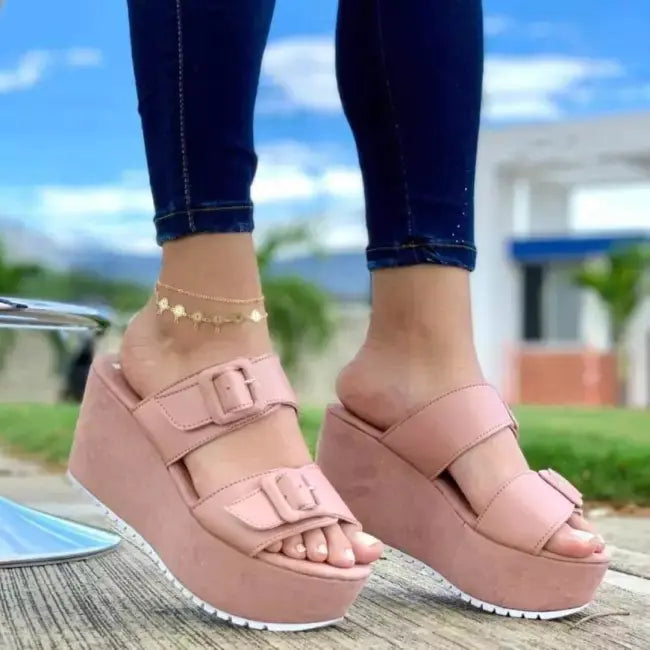 Women wedge heel platform slippers with belt buckle, featuring trendy design and comfortable sole, from Trendy Attic Store01.