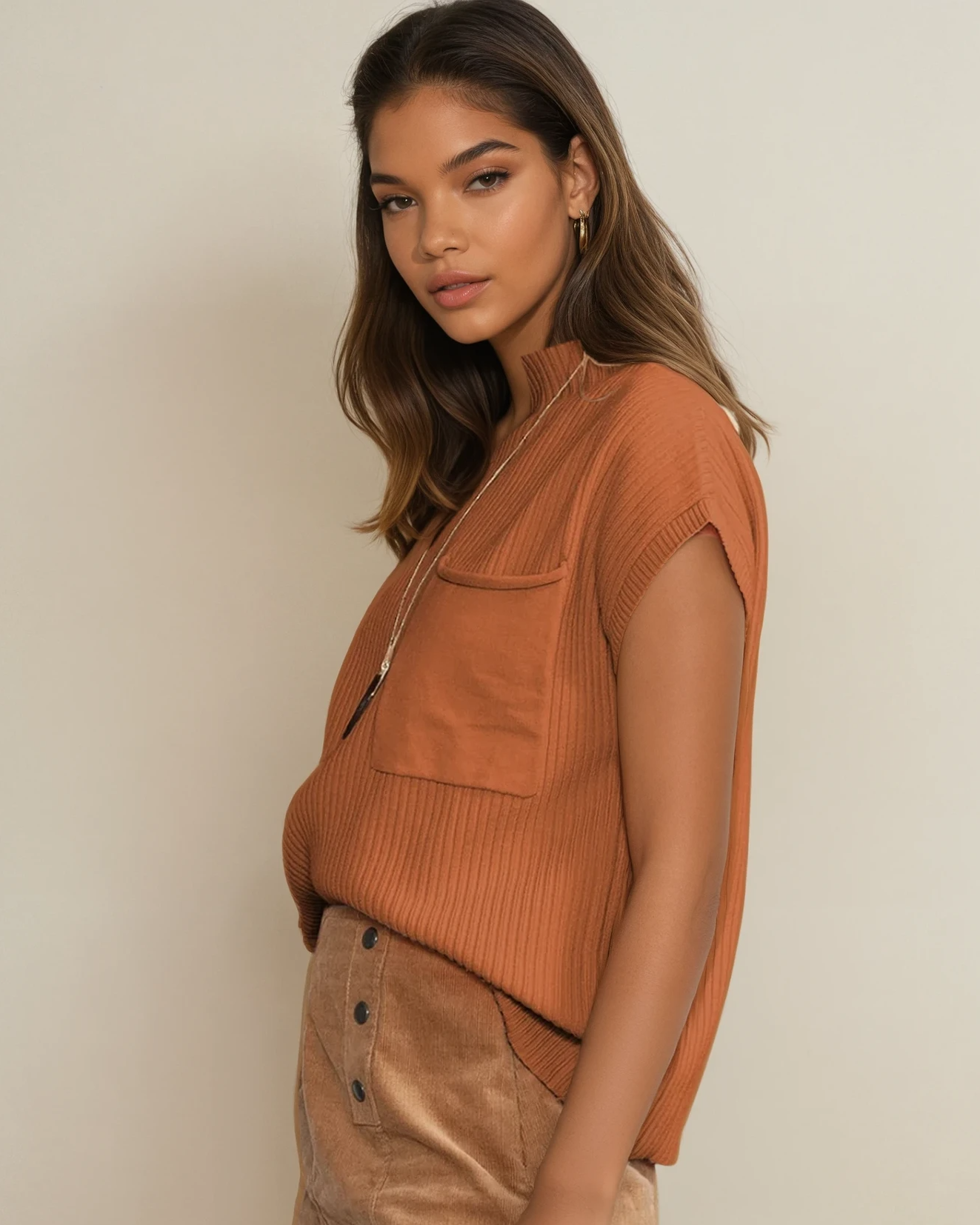 Orange Ayla short sleeve sweater by Indie & Co., knit top with a cozy, casual fit shown on a neutral background.