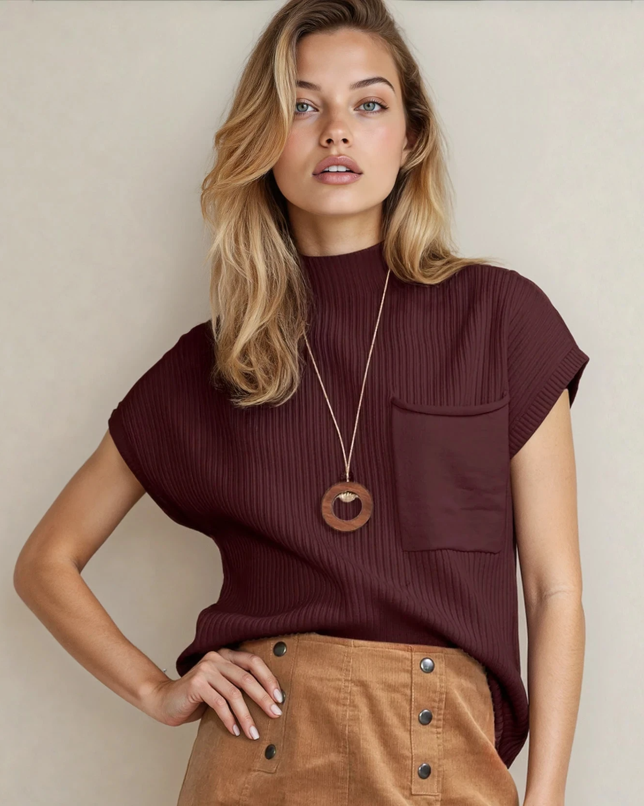 Ayla short sleeve knit sweater in mineral red from Indie & Co., displayed on a light hardwood floor background.