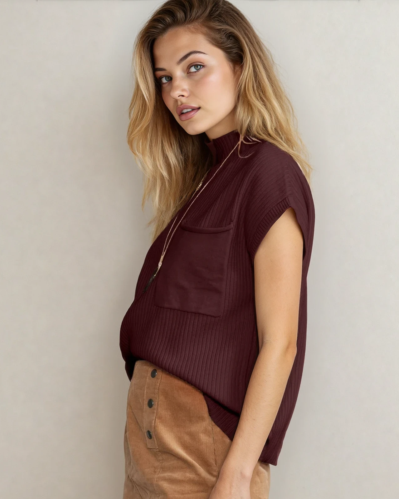 Ayla Short Sleeve Sweater in mineral red by Indie & Co., featuring a cozy knit top with short sleeves and a stylish fit.