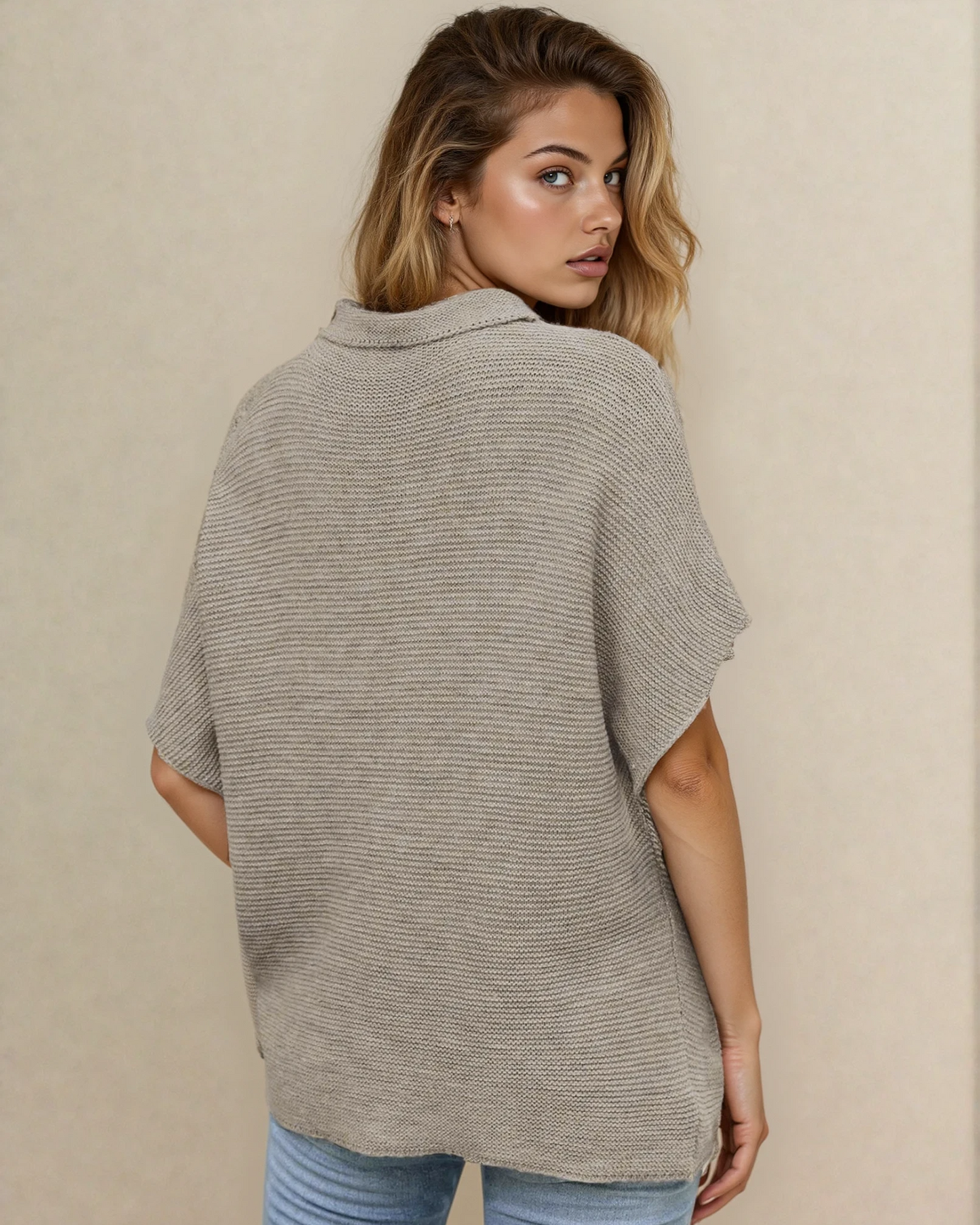 Indie & Co. Maya mock neck short sleeve sweater in stone color, stylish shirt or top, displayed on a model.