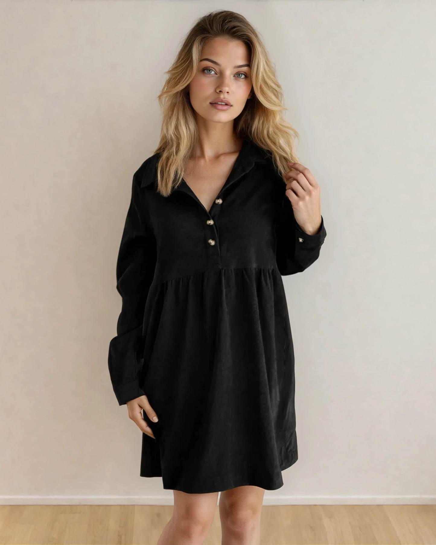 Black Abigail corduroy long sleeve dress with half button front and collared neckline by Indie & Co.