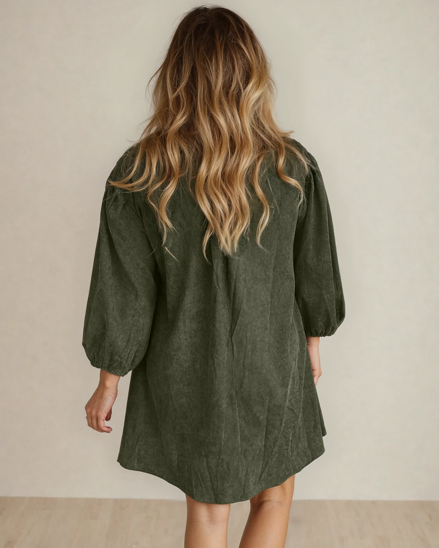 Green Micah scallop detail pleated corduroy mini dress by Indie & Co., featuring a stylish short dress design.